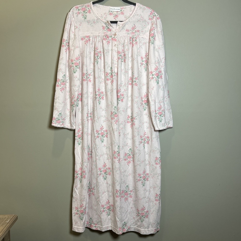 Miss Elaine Long Nightgown Lace Floral Long Sleeve Size L knee length
